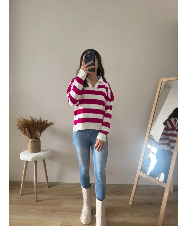 POLO YAKA FUŞYA - BEYAZ KAZAK