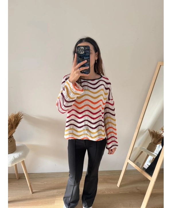 RENKLİ ZİKZAKLI KAZAK (BEYAZ)