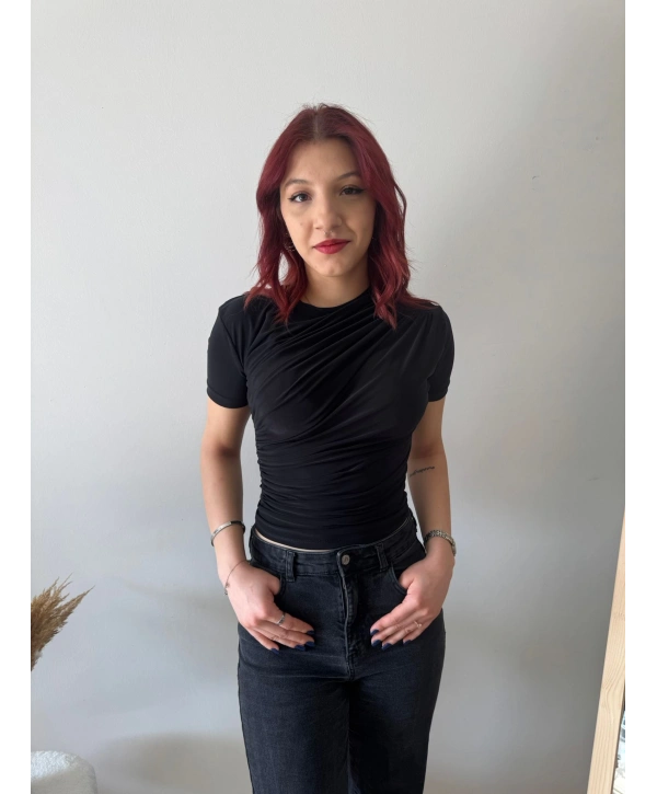 SİYAH KISA KOLLU SANDY BLUZ