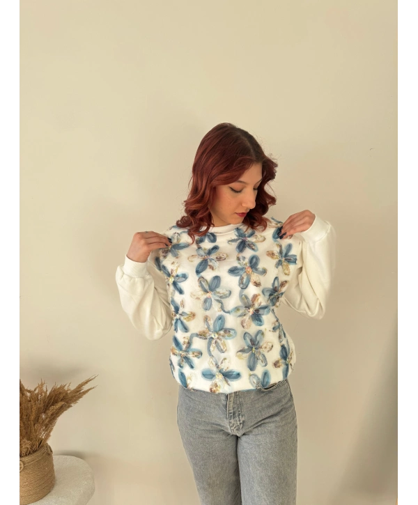 TÜL VE PUL İŞLEMELİ ÇİÇEKLİ SWEAT MAVİ
