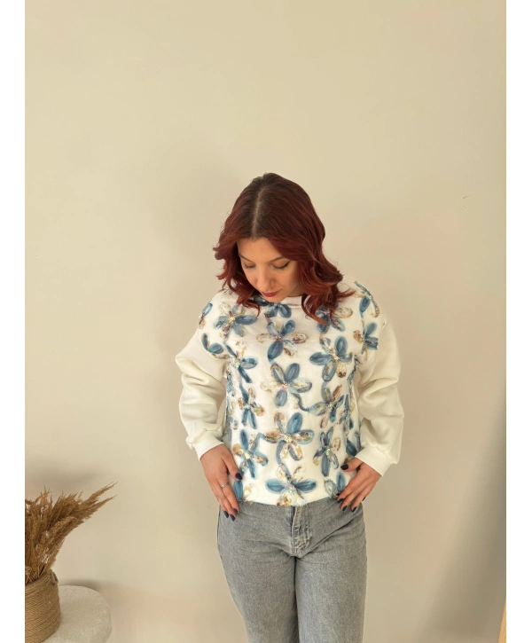 TÜL VE PUL İŞLEMELİ ÇİÇEKLİ SWEAT MAVİ