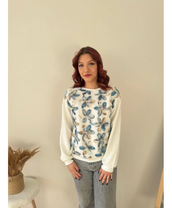TÜL VE PUL İŞLEMELİ ÇİÇEKLİ SWEAT MAVİ