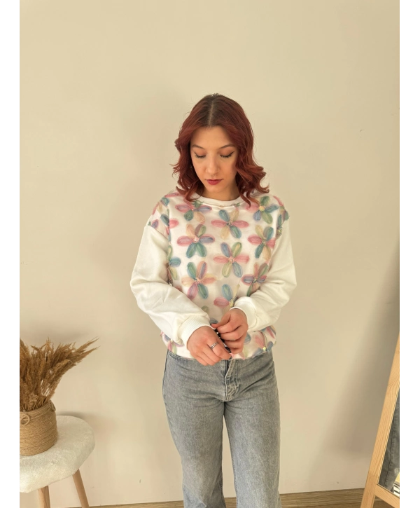 TÜL VE PUL İŞLEMELİ ÇİÇEKLİ SWEAT RENKLİ