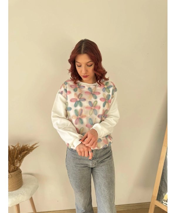TÜL VE PUL İŞLEMELİ ÇİÇEKLİ SWEAT RENKLİ