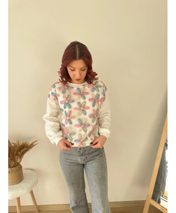 TÜL VE PUL İŞLEMELİ ÇİÇEKLİ SWEAT RENKLİ