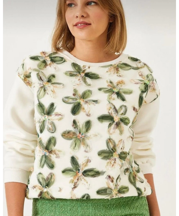 TÜL VE PUL İŞLEMELİ ÇİÇEKLİ SWEAT YEŞİL