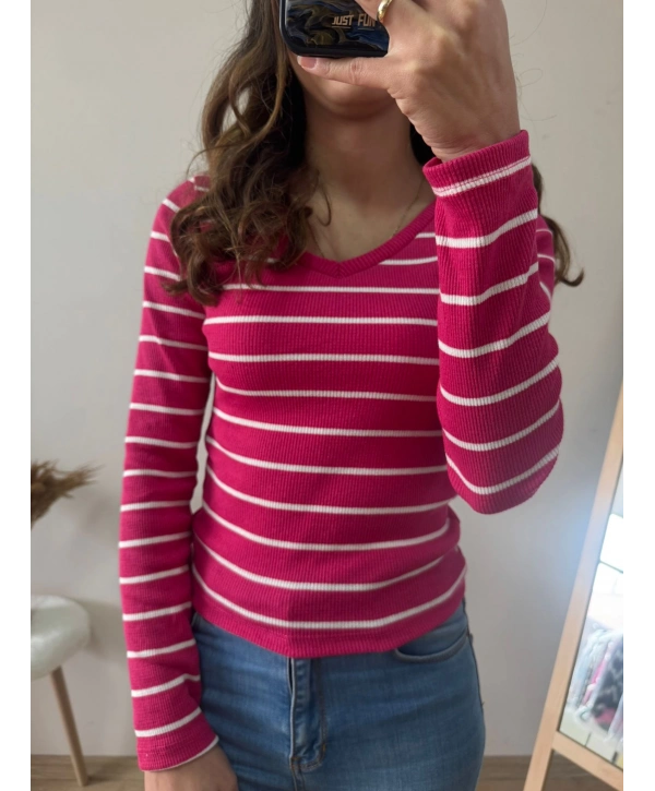 V YAKA PEMBE KAŞKORSE BLUZ