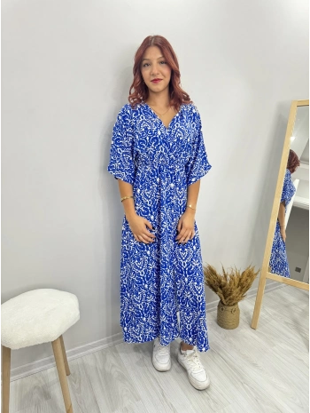 MAVİ BEYAZ KISA KOLLU UZUN ELBİSE