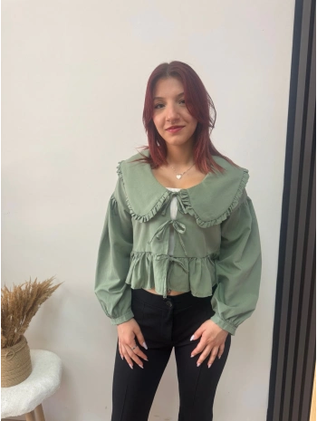 BEBE YAKA FIRFIRLI BAĞLAMALI BLUZ YEŞİL