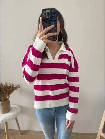 POLO YAKA FUŞYA - BEYAZ KAZAK