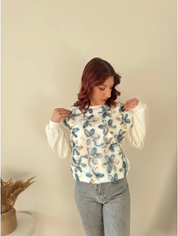 TÜL VE PUL İŞLEMELİ ÇİÇEKLİ SWEAT MAVİ