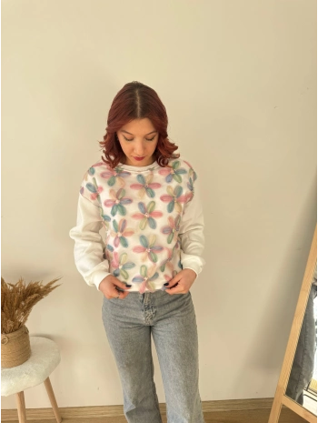 TÜL VE PUL İŞLEMELİ ÇİÇEKLİ SWEAT RENKLİ