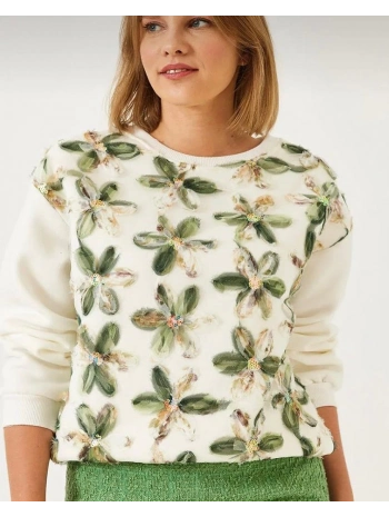 TÜL VE PUL İŞLEMELİ ÇİÇEKLİ SWEAT YEŞİL