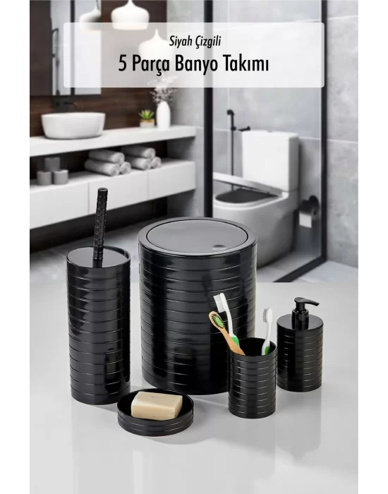 5 Parça Yatay Çizgili Gri Banyo Takımı