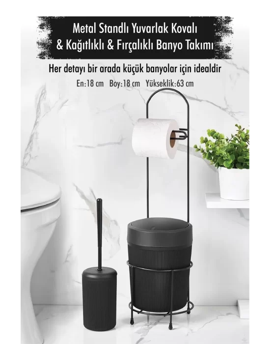 Metal Standlı Yuvarlak Kovalı & Kağıtlıklı & Fırçalıklı Beyaz Banyo Takımı