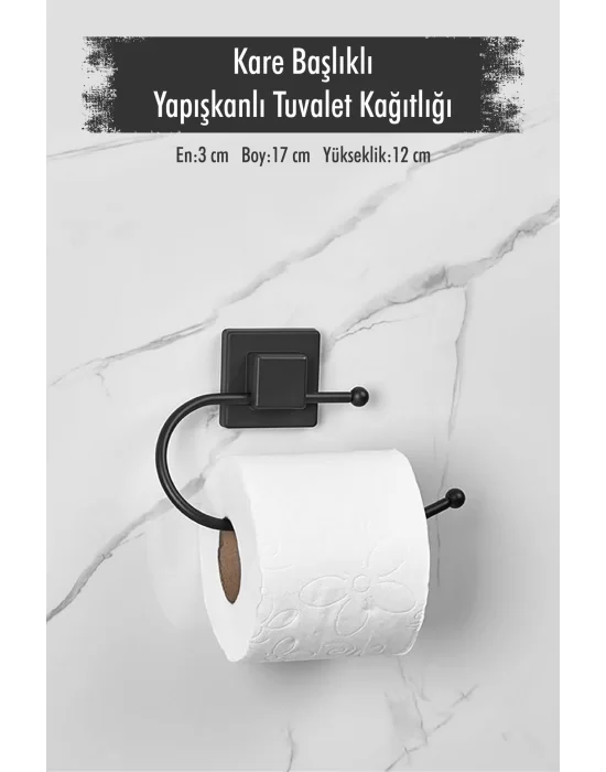 Kare Başlıklı Telefon Standlı Yapışkanlı Siyah WC Kağıtlık