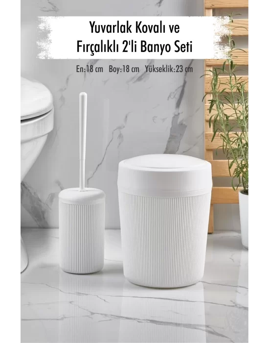 Yuvarlak Kovalı ve Fırçalıklı 2li Beyaz Banyo Seti