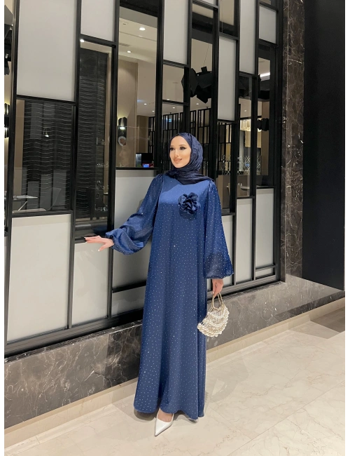 Seta Taş Detaylı Elbise - Lacivert