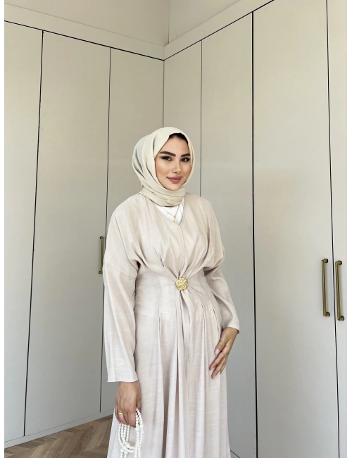 Hello Bronş Detaylı Elbise -Krem