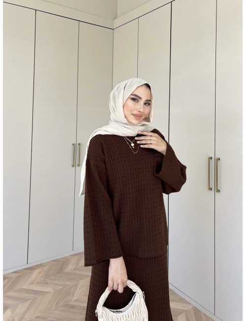 İrem Triko Etekli Takım - Kahve