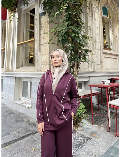 Mehru Çizgi Detaylı Takım - Bordo