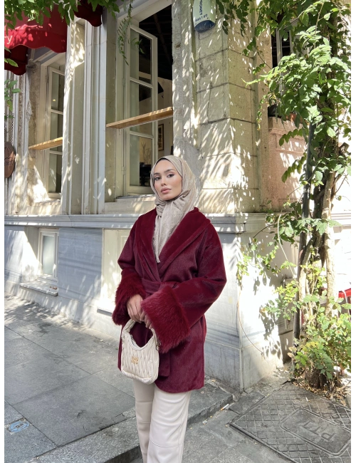 Allo kolları Kürk Detaylı Mont - Bordo