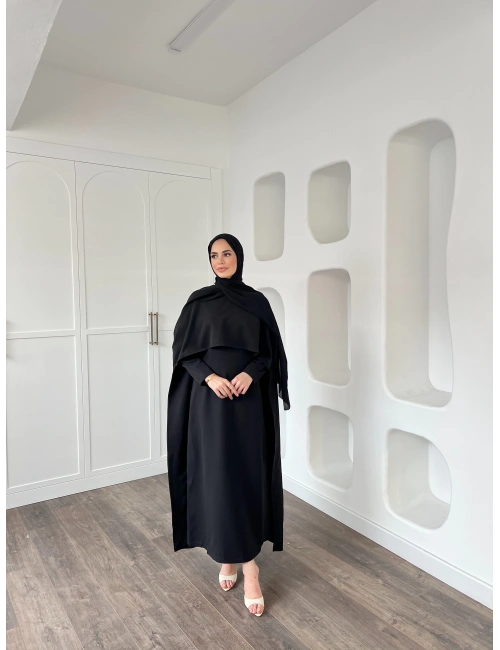 Pelerinli Özge Elbise - Siyah