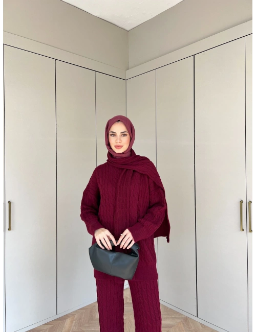 Lale Atkılı Triko Takım - Bordo