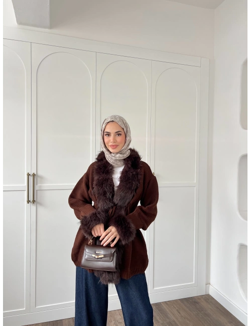 Pera Kürk Detaylı Hırka - Kahve