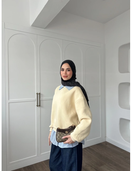Gömlek Detaylı 3 İplik Sweat - Krem