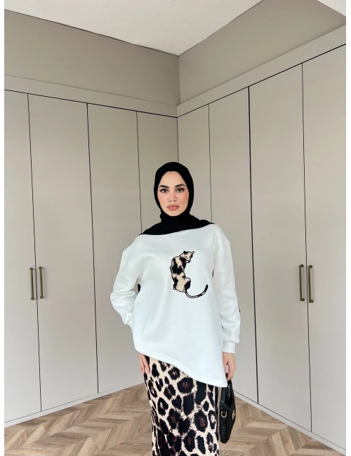 Asude Leopar Detaylı Takım - Beyaz