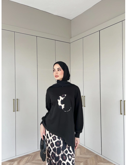 Asude Leopar Detaylı Takım - Siyah