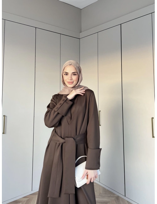 Alev Düğmeli Elbise -Kahve