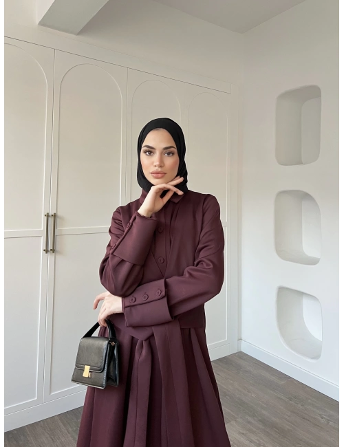 Alev Düğmeli Elbise -Bordo