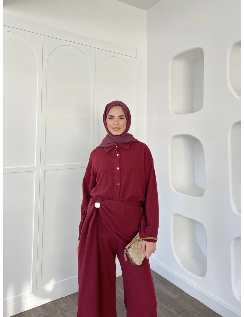 Leva Örme Triko Yan Bağcıklı Takım- Bordo