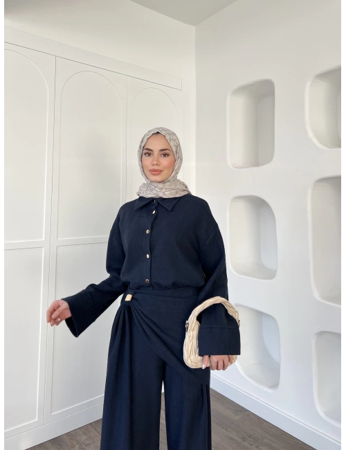 Leva Örme Triko Yan Bağcıklı Takım- Lacivert