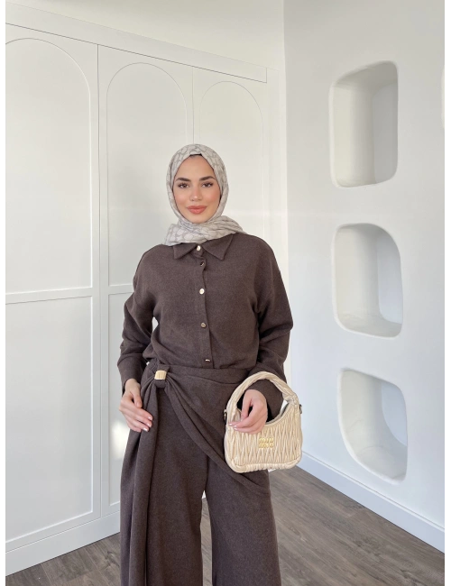 Leva Örme Triko Yan Bağcıklı Takım- Kahve