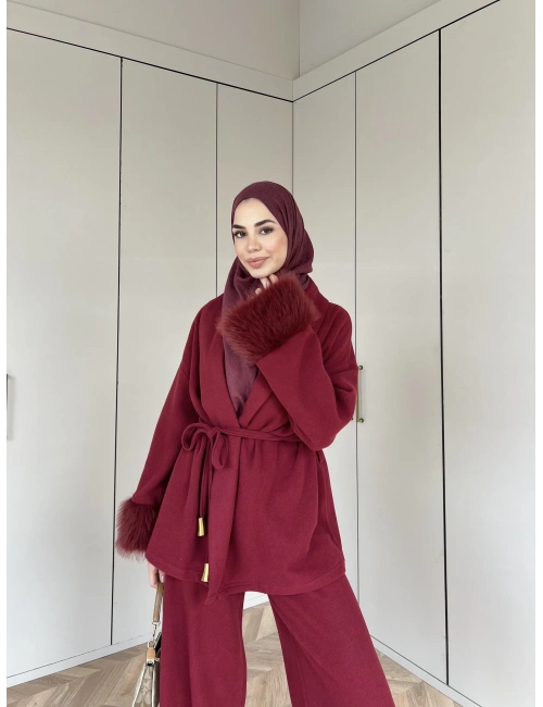 Hüma Kol Detayı Kürk Takım - Bordo (ÖN SİPARİŞ)