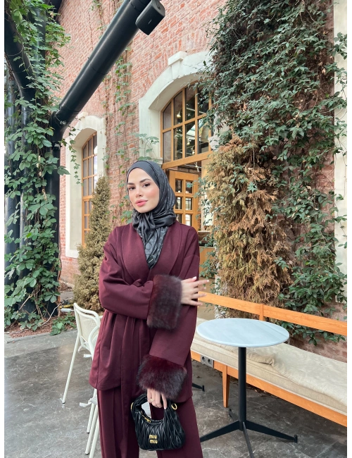 Quva Kol Detayı Kürk Takım - Bordo