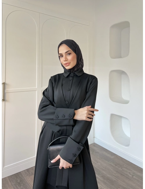 Alev Düğmeli Elbise -Siyah