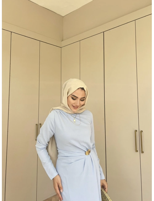 Asil Yan Detaylı Elbise - Mavi