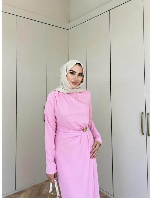 Asil Yan Detaylı Elbise - Pembe