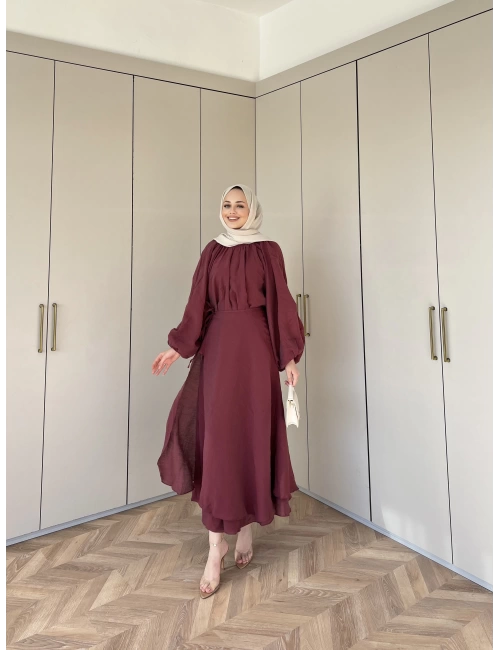 Balon Kol Şifon Takım - Bordo