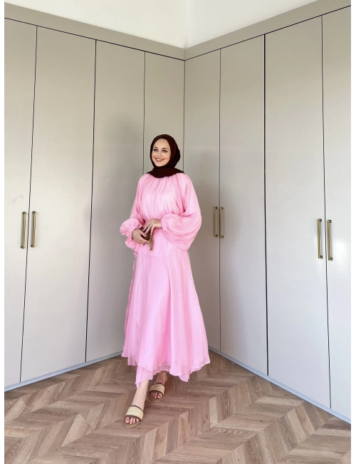 Balon Kol Şifon Takım - Pembe