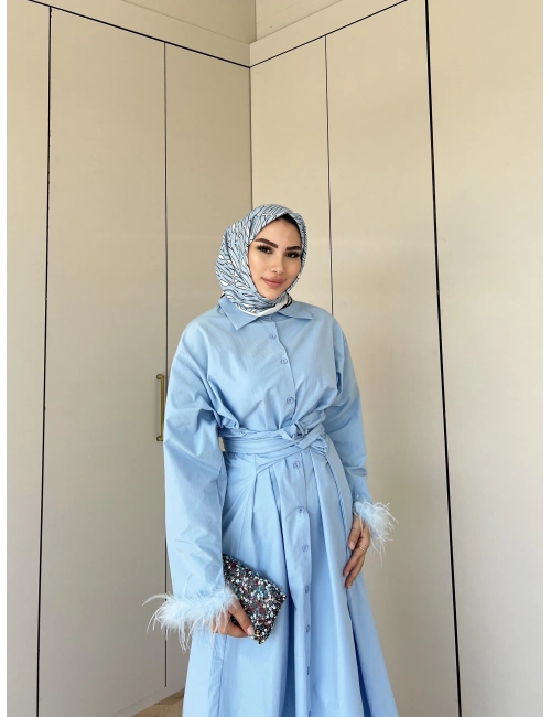 Lotus Kol Tüylü Elbise - Mavi