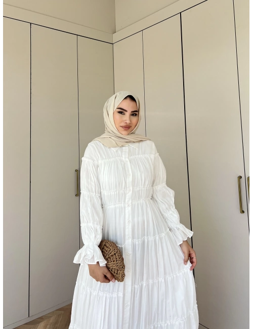 Bollo Büzgü Detay Elbise - Beyaz