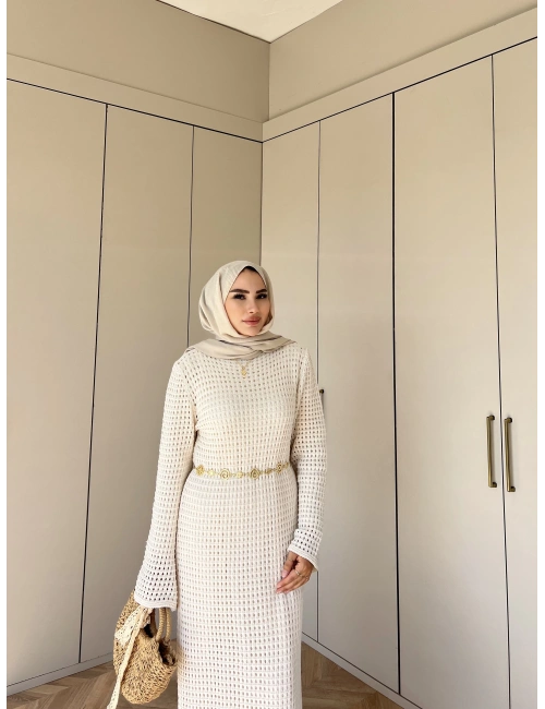 Boncuk Triko Elbise - Krem