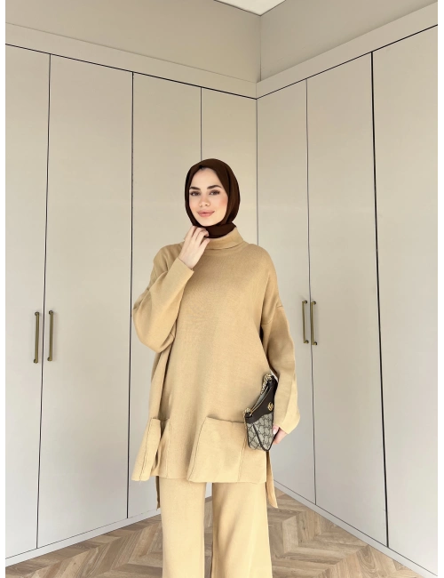 Cep Detaylı Triko Takım - Camel