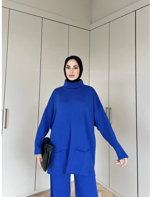 Cep Detaylı Triko Takım - Saks