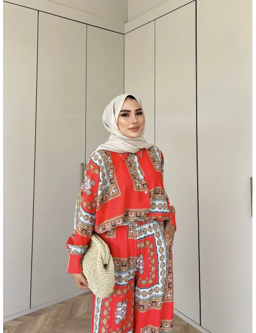 Desenli Gömlekli Takım - Oranj